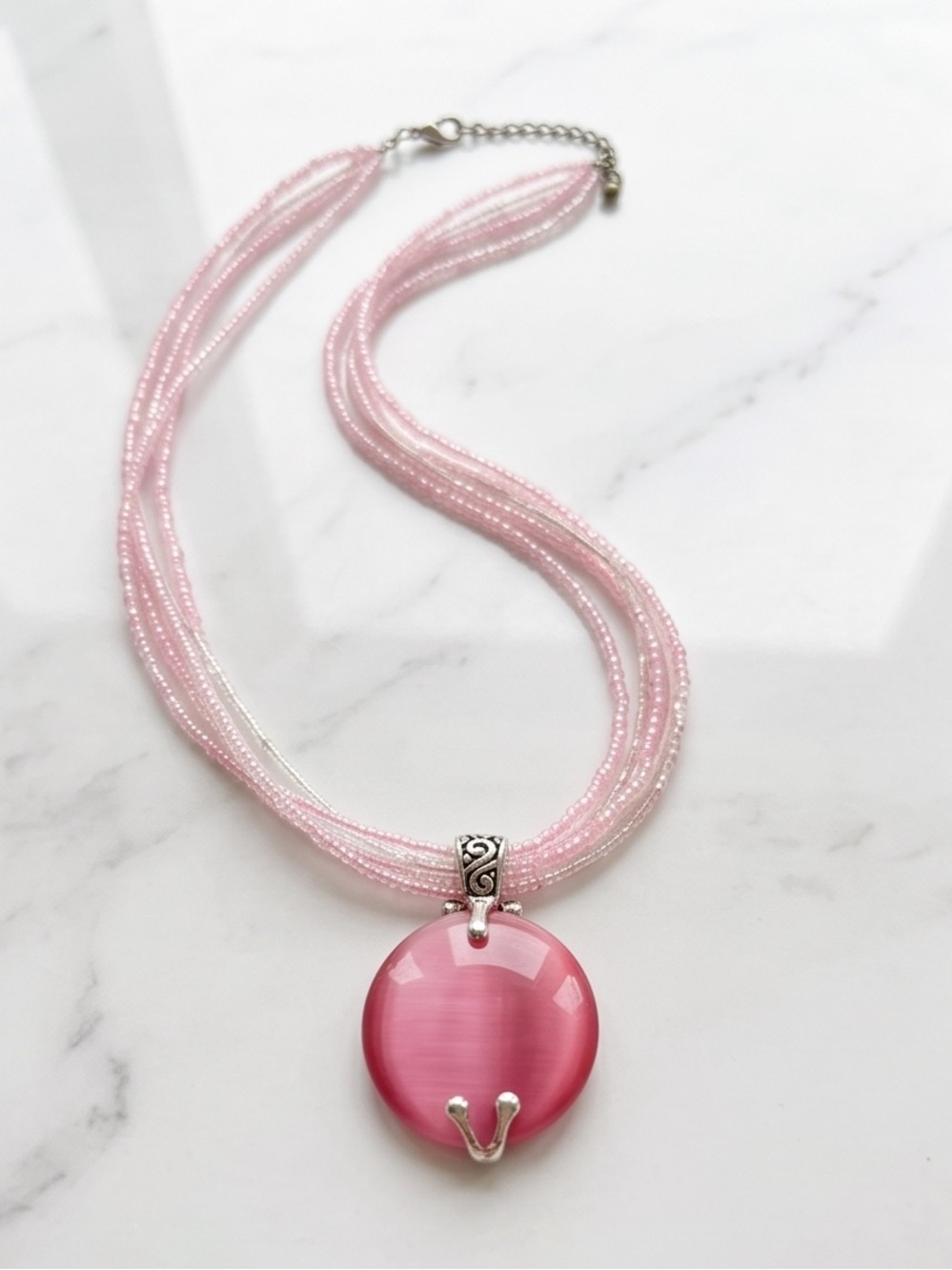 2006 Premier Designs "Katrina" Pink Cat’s Eye Pendant Multi Strand Beads - Picture 3 of 10